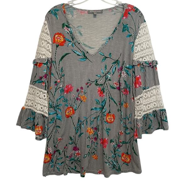 Daniel Rainn Bell Sleeve Top Womens Size 2X Striped Floral Crochet Lace Boho - Picture 1 of 7